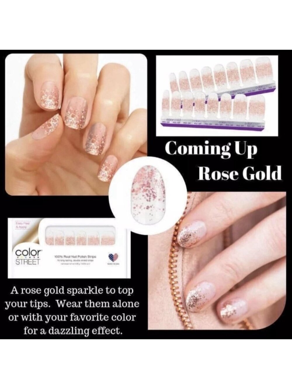 Color Street 100% Real Nail Polish Strips Retired Glitter Coming Up Rose Gold
